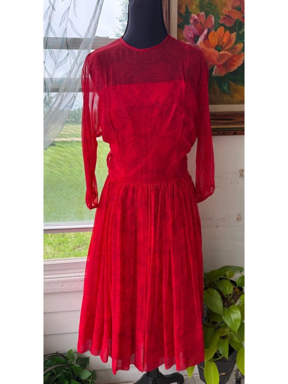 Vintage 1950s Carol Craig Pleated Silk Floral Red Chiffon Dress Size Small Retro